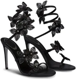 Women Rhinestone Flowers High Heel Open Round Toe Spiral Wrap Around Sandals Sexy Sparkly Bling Ankle Strap High Heel