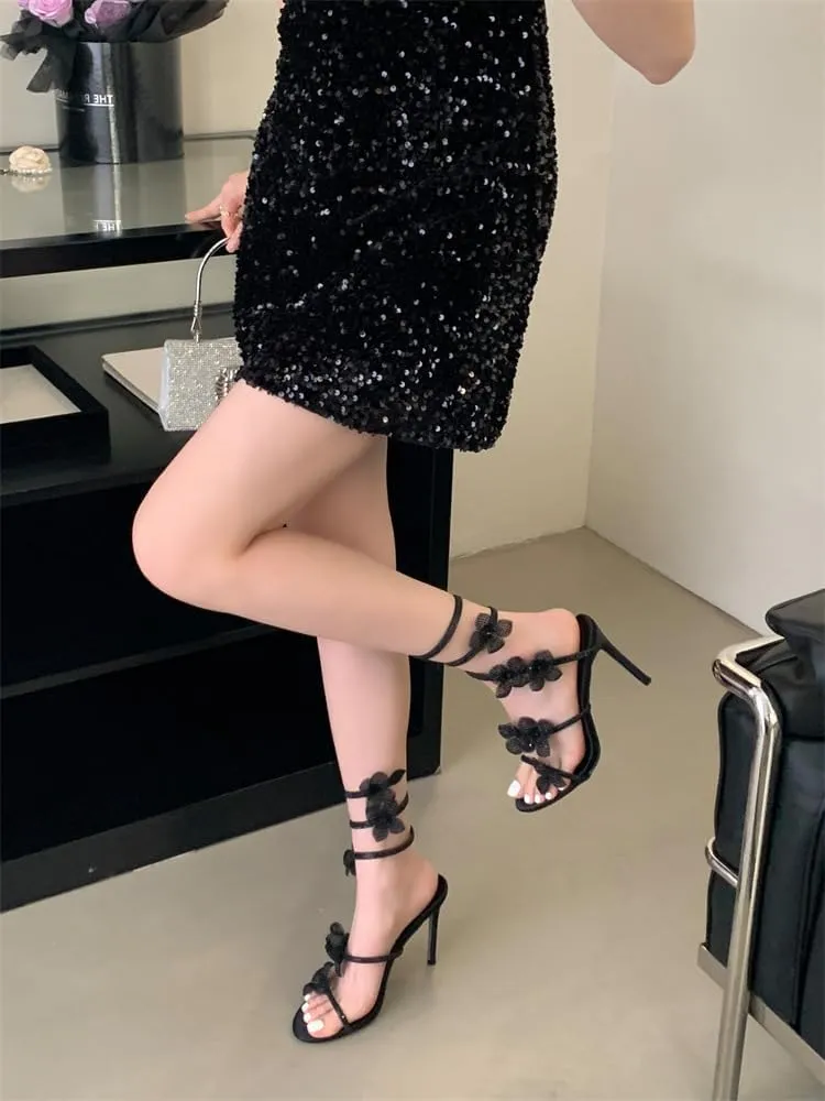 Women Rhinestone Flowers High Heel Open Round Toe Spiral Wrap Around Sandals Sexy Sparkly Bling Ankle Strap High Heel