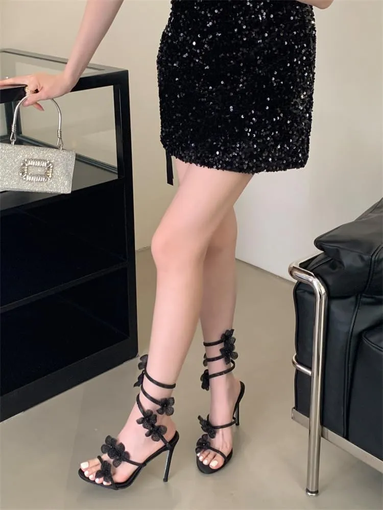 Women Rhinestone Flowers High Heel Open Round Toe Spiral Wrap Around Sandals Sexy Sparkly Bling Ankle Strap High Heel