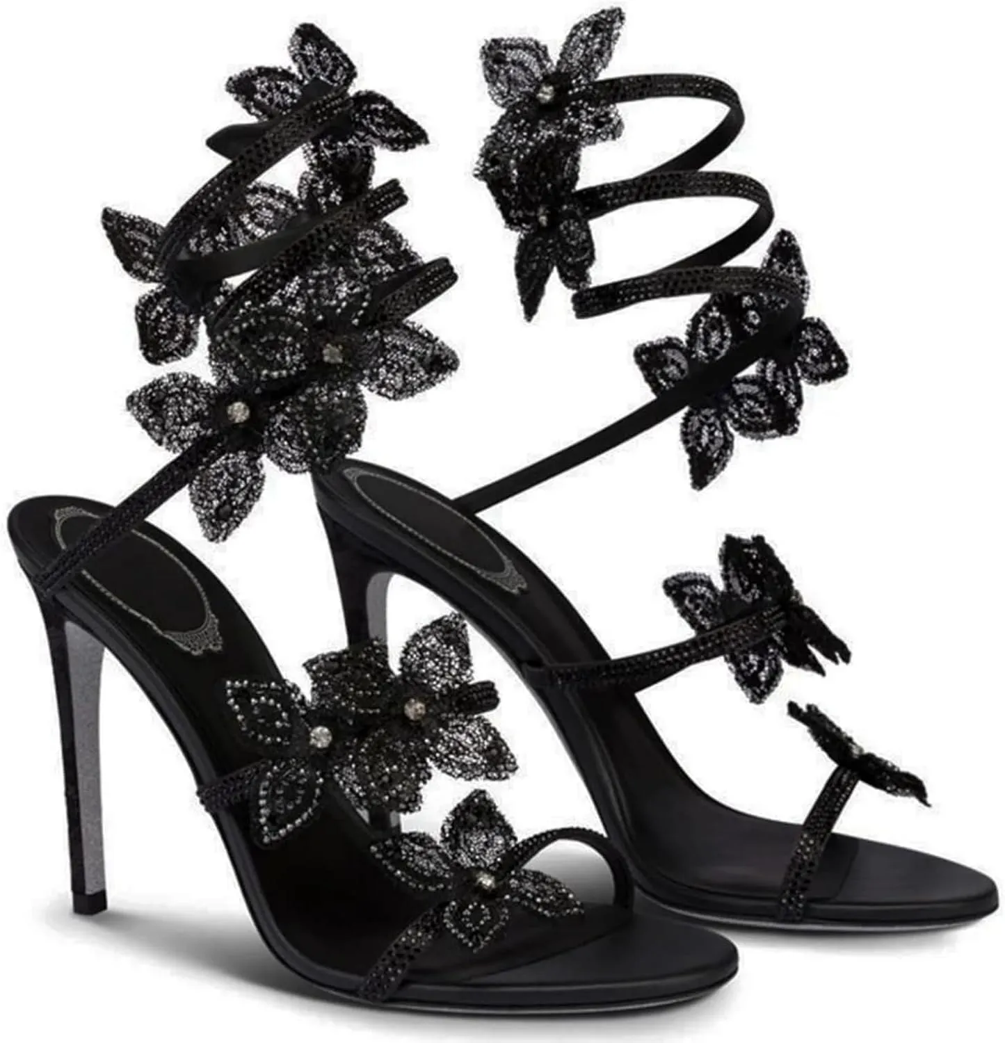 Women Rhinestone Flowers High Heel Open Round Toe Spiral Wrap Around Sandals Sexy Sparkly Bling Ankle Strap High Heel