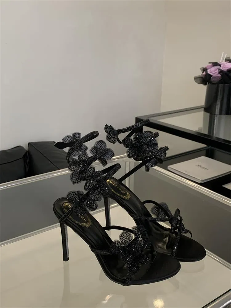 Women Rhinestone Flowers High Heel Open Round Toe Spiral Wrap Around Sandals Sexy Sparkly Bling Ankle Strap High Heel