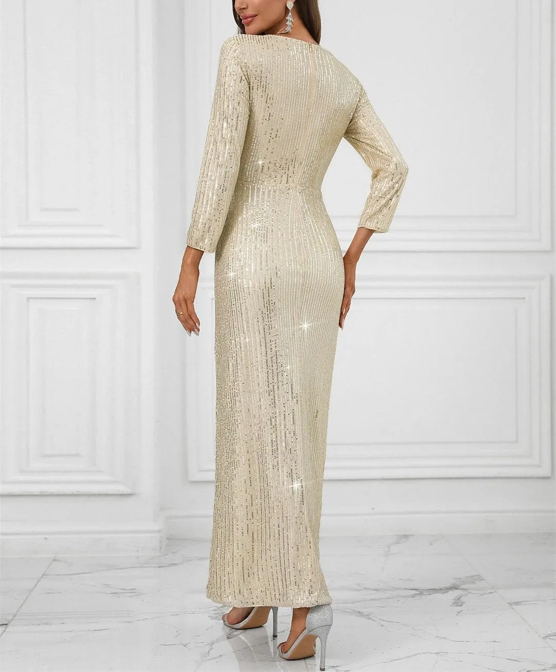 Women Sexy V Neck Wrap Split Party Cocktail Gowns Bodycon Evening Maxi Elegant Long Sleeve Dress