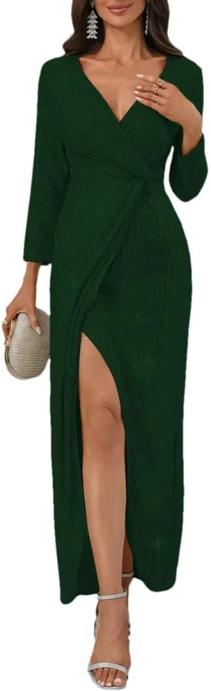 Women Sexy V Neck Wrap Split Party Cocktail Gowns Bodycon Evening Maxi Elegant Long Sleeve Dress