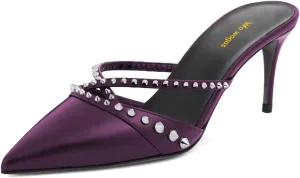 Women Stilettos High Heel Clogs Mules Pointy Toe Studded Slip On Slide Sandals Chic Indoor Shopping Daily Shoes Size 4-16 US