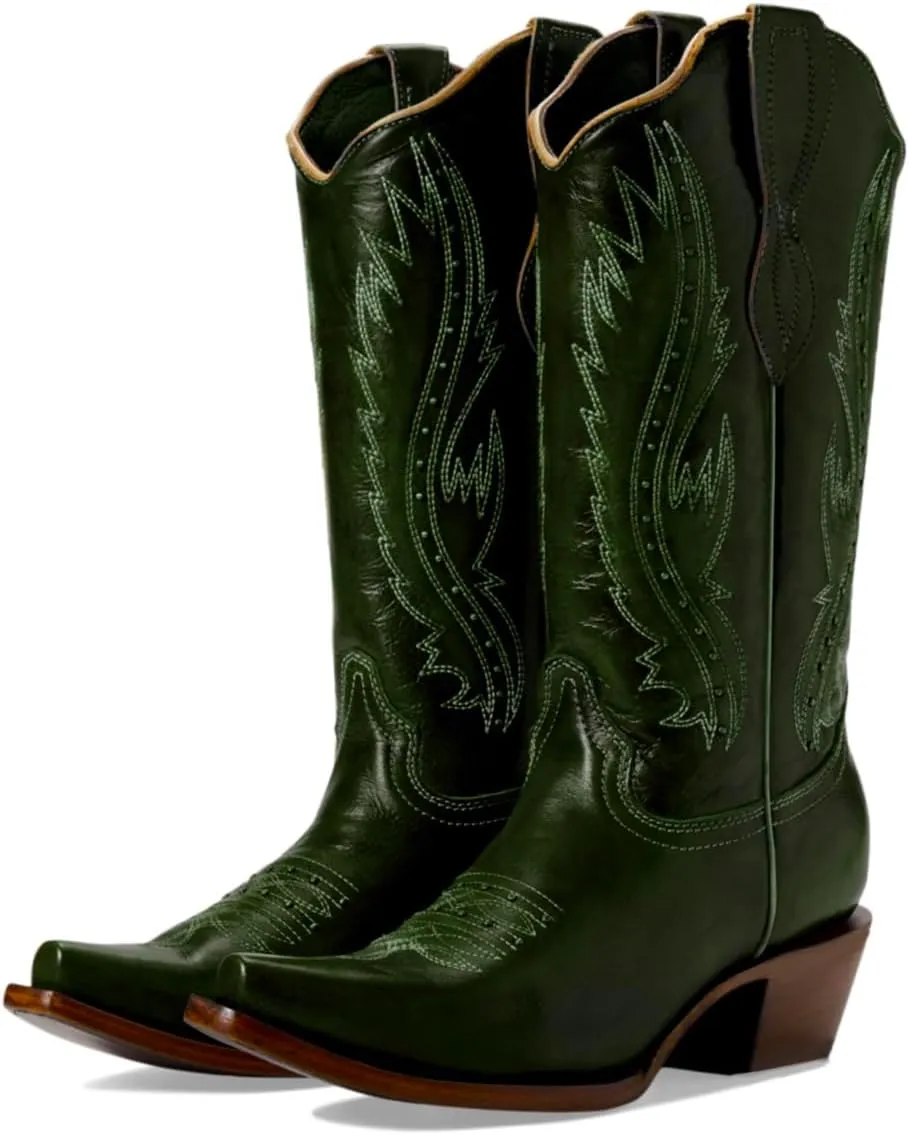 Women Vintage Embroidered Cowboy Boots Knee High Western Boots Chunky Stacked Heel Square Pointed Toe Mid Calf Cowgirl Boots Metallic Matte Pull On V Cut Fall Boot Exotic 4-11 M US