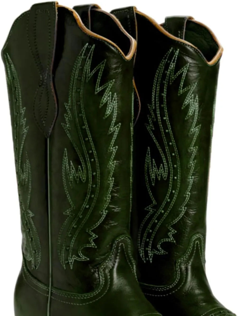 Women Vintage Embroidered Cowboy Boots Knee High Western Boots Chunky Stacked Heel Square Pointed Toe Mid Calf Cowgirl Boots Metallic Matte Pull On V Cut Fall Boot Exotic 4-11 M US