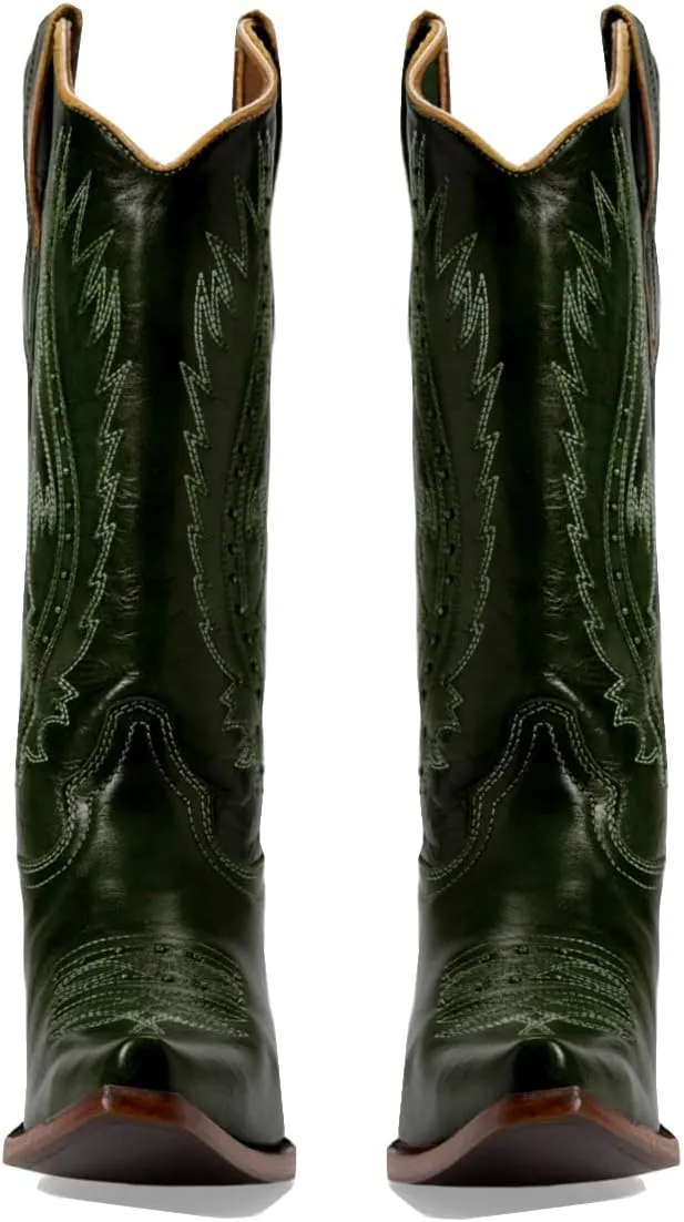 Women Vintage Embroidered Cowboy Boots Knee High Western Boots Chunky Stacked Heel Square Pointed Toe Mid Calf Cowgirl Boots Metallic Matte Pull On V Cut Fall Boot Exotic 4-11 M US