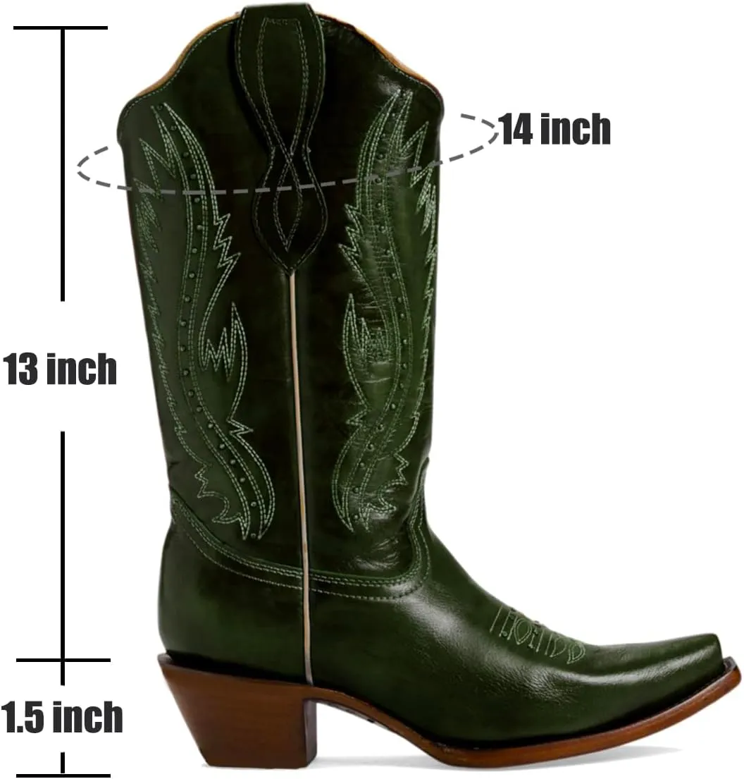 Women Vintage Embroidered Cowboy Boots Knee High Western Boots Chunky Stacked Heel Square Pointed Toe Mid Calf Cowgirl Boots Metallic Matte Pull On V Cut Fall Boot Exotic 4-11 M US