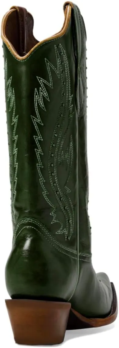 Women Vintage Embroidered Cowboy Boots Knee High Western Boots Chunky Stacked Heel Square Pointed Toe Mid Calf Cowgirl Boots Metallic Matte Pull On V Cut Fall Boot Exotic 4-11 M US