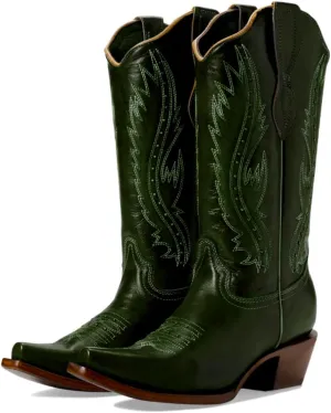 Women Vintage Embroidered Cowboy Boots Knee High Western Boots Chunky Stacked Heel Square Pointed Toe Mid Calf Cowgirl Boots Metallic Matte Pull On V Cut Fall Boot Exotic 4-11 M US