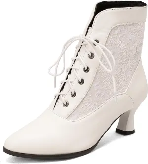 Women Vintage Victorian Boots Kitten Heel Granny Boots Lace Up Ankle Boots