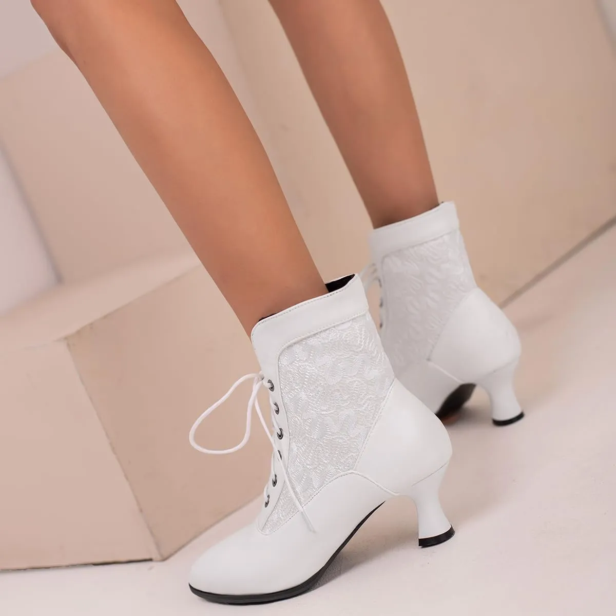 Women Vintage Victorian Boots Kitten Heel Granny Boots Lace Up Ankle Boots