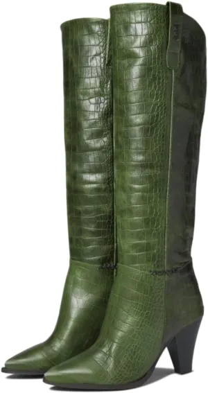 Women Western Knee High Boots Chunky Stacked Heel Pointed Toe Crocodile Boots Pull On Burnished Matte Leather 3" High Cone Heels Tall Dress Boots Office Work Formal Vintage Fall 4-11 M US