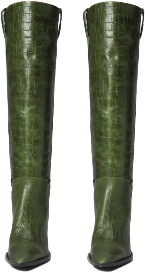 Women Western Knee High Boots Chunky Stacked Heel Pointed Toe Crocodile Boots Pull On Burnished Matte Leather 3" High Cone Heels Tall Dress Boots Office Work Formal Vintage Fall 4-11 M US