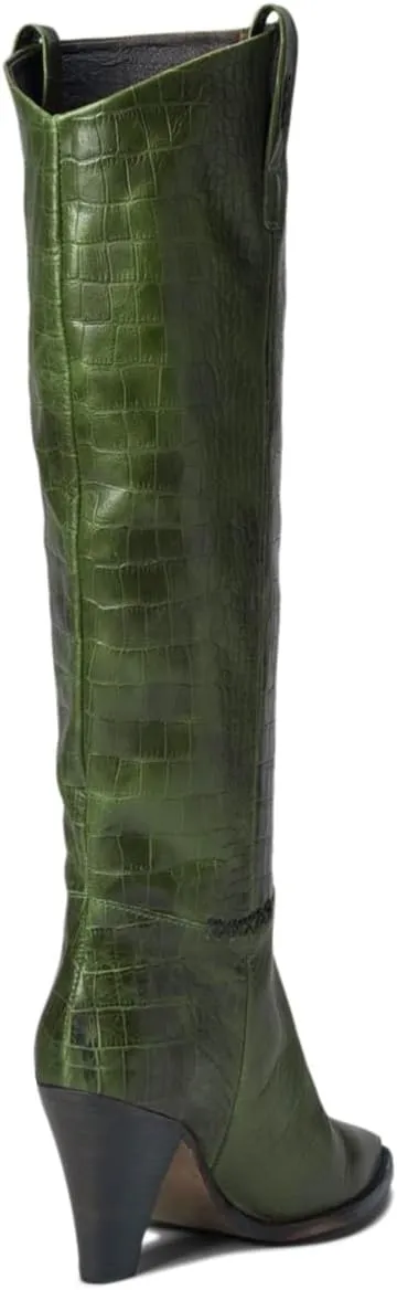 Women Western Knee High Boots Chunky Stacked Heel Pointed Toe Crocodile Boots Pull On Burnished Matte Leather 3" High Cone Heels Tall Dress Boots Office Work Formal Vintage Fall 4-11 M US
