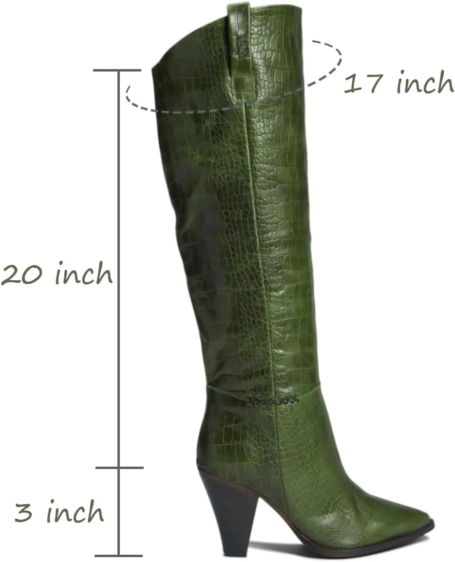 Women Western Knee High Boots Chunky Stacked Heel Pointed Toe Crocodile Boots Pull On Burnished Matte Leather 3" High Cone Heels Tall Dress Boots Office Work Formal Vintage Fall 4-11 M US