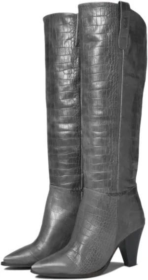 Women Western Knee High Boots Chunky Stacked Heel Pointed Toe Crocodile Boots Pull On Burnished Matte Leather 3" High Cone Heels Tall Dress Boots Office Work Formal Vintage Fall 4-11 M US
