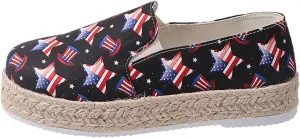 Womens 4th of July Platform Sneakers Espadrilles Shoes Patriotic US Flag Print Slip on Loafers Comfy Breathable Lightweight Dressy Canvas Shoes Summer Casual Indoor Outdoor Footwear