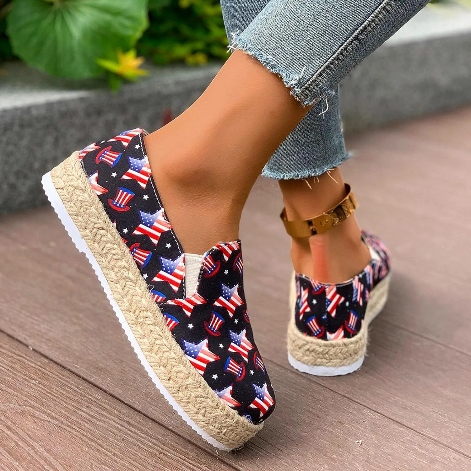 Womens 4th of July Platform Sneakers Espadrilles Shoes Patriotic US Flag Print Slip on Loafers Comfy Breathable Lightweight Dressy Canvas Shoes Summer Casual Indoor Outdoor Footwear
