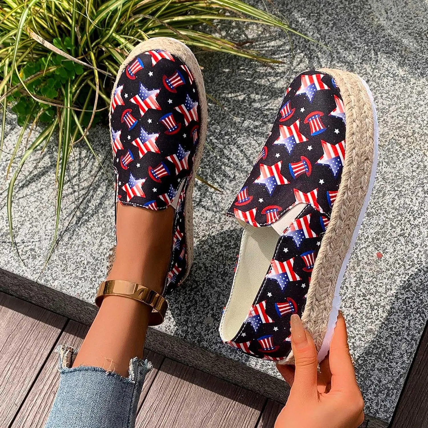 Womens 4th of July Platform Sneakers Espadrilles Shoes Patriotic US Flag Print Slip on Loafers Comfy Breathable Lightweight Dressy Canvas Shoes Summer Casual Indoor Outdoor Footwear