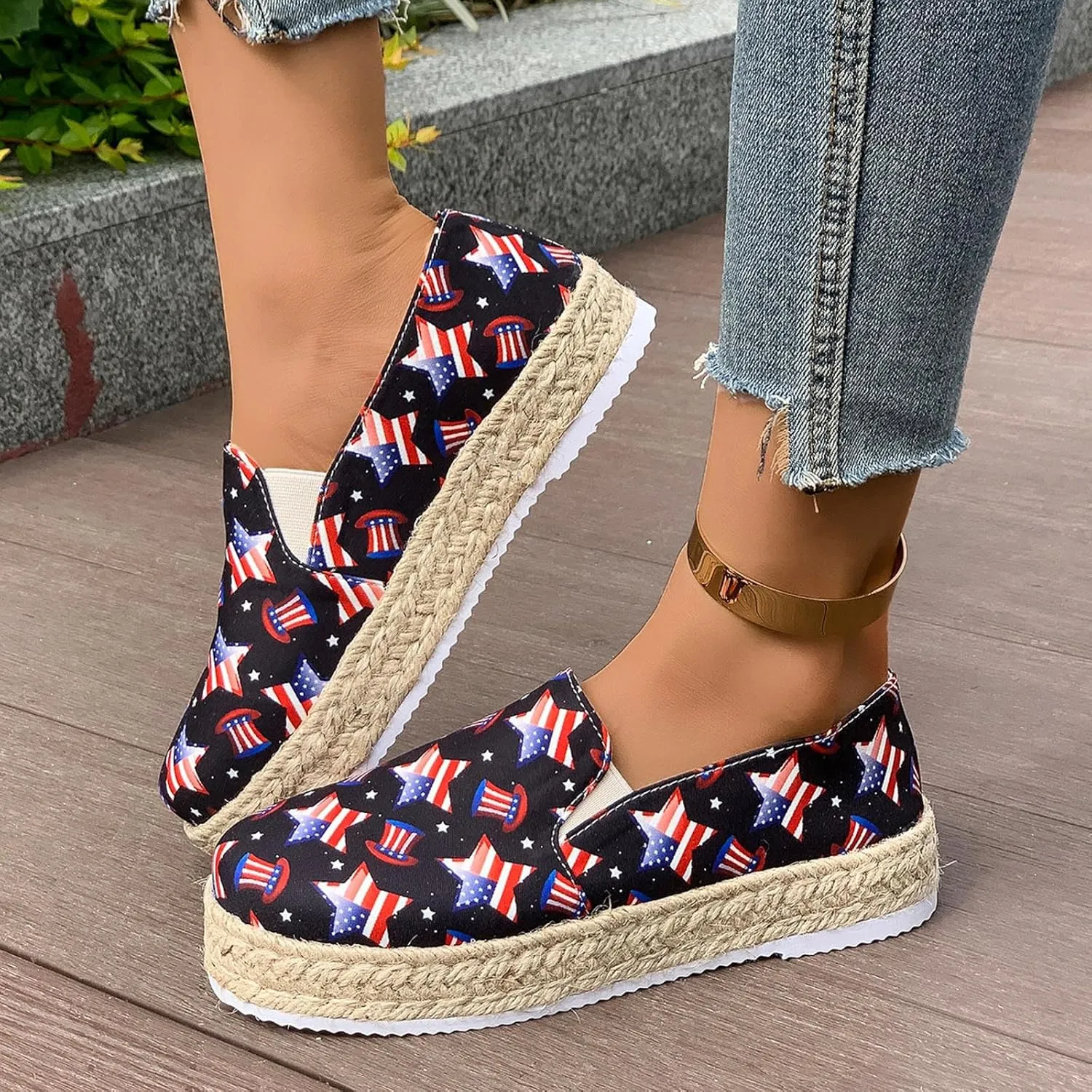 Womens 4th of July Platform Sneakers Espadrilles Shoes Patriotic US Flag Print Slip on Loafers Comfy Breathable Lightweight Dressy Canvas Shoes Summer Casual Indoor Outdoor Footwear