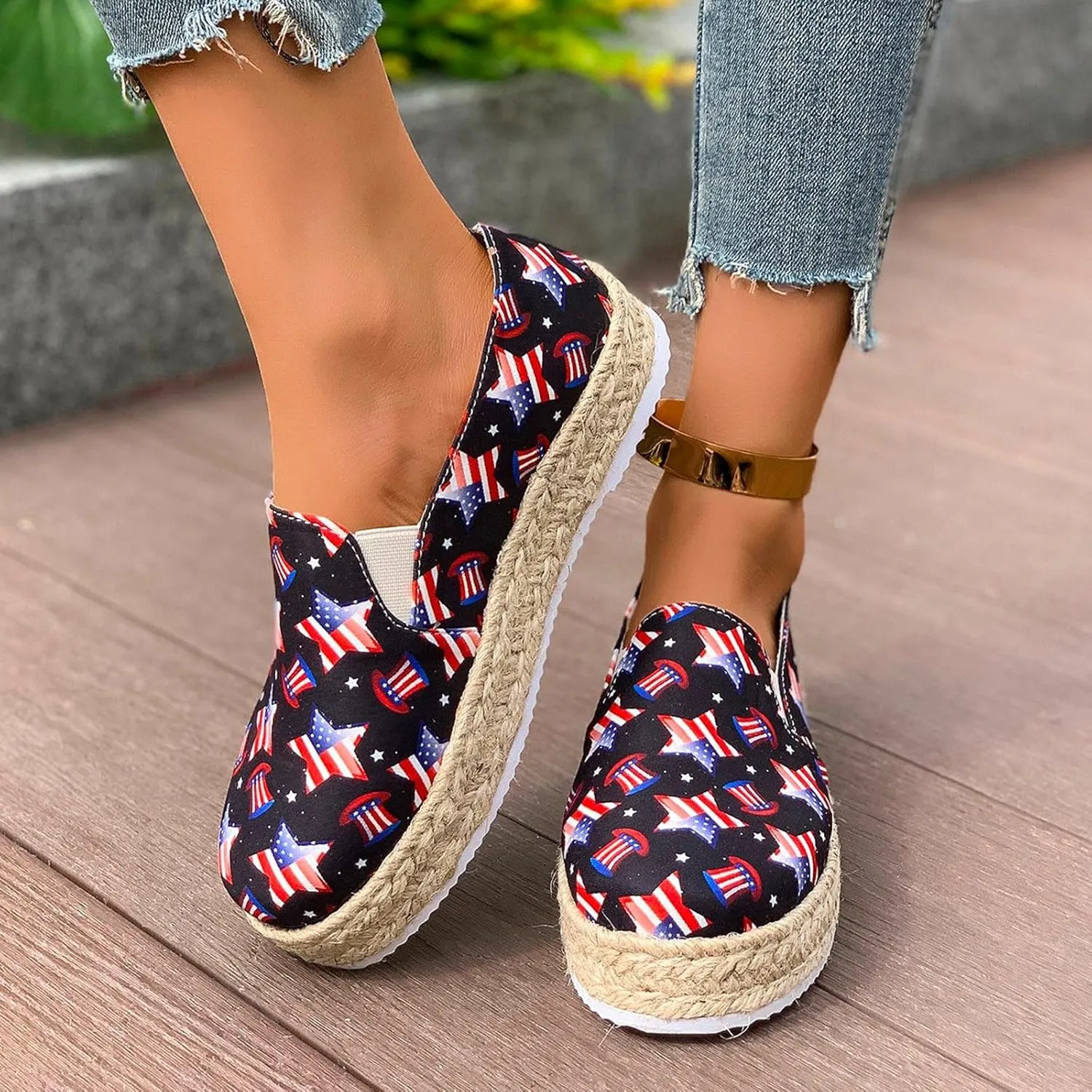 Womens 4th of July Platform Sneakers Espadrilles Shoes Patriotic US Flag Print Slip on Loafers Comfy Breathable Lightweight Dressy Canvas Shoes Summer Casual Indoor Outdoor Footwear