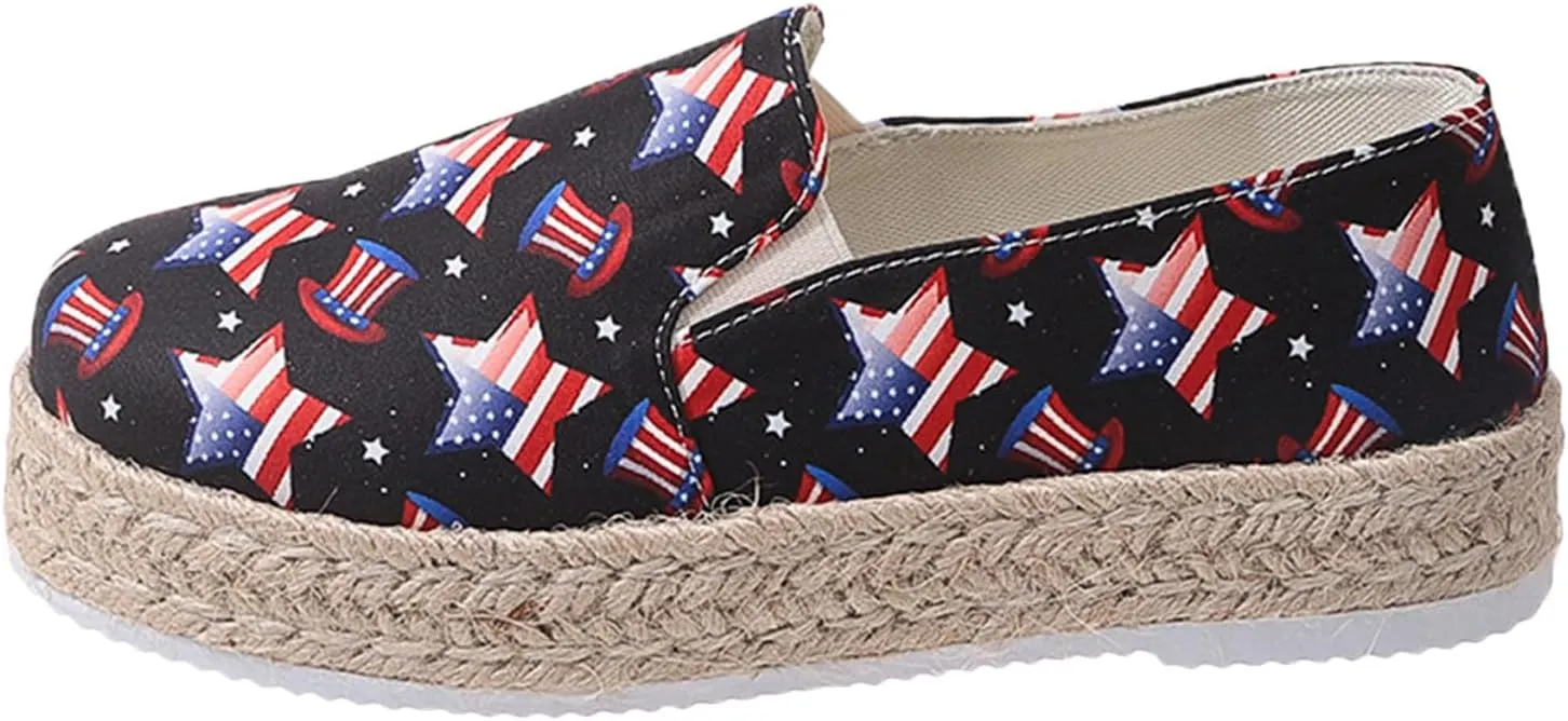 Womens 4th of July Platform Sneakers Espadrilles Shoes Patriotic US Flag Print Slip on Loafers Comfy Breathable Lightweight Dressy Canvas Shoes Summer Casual Indoor Outdoor Footwear