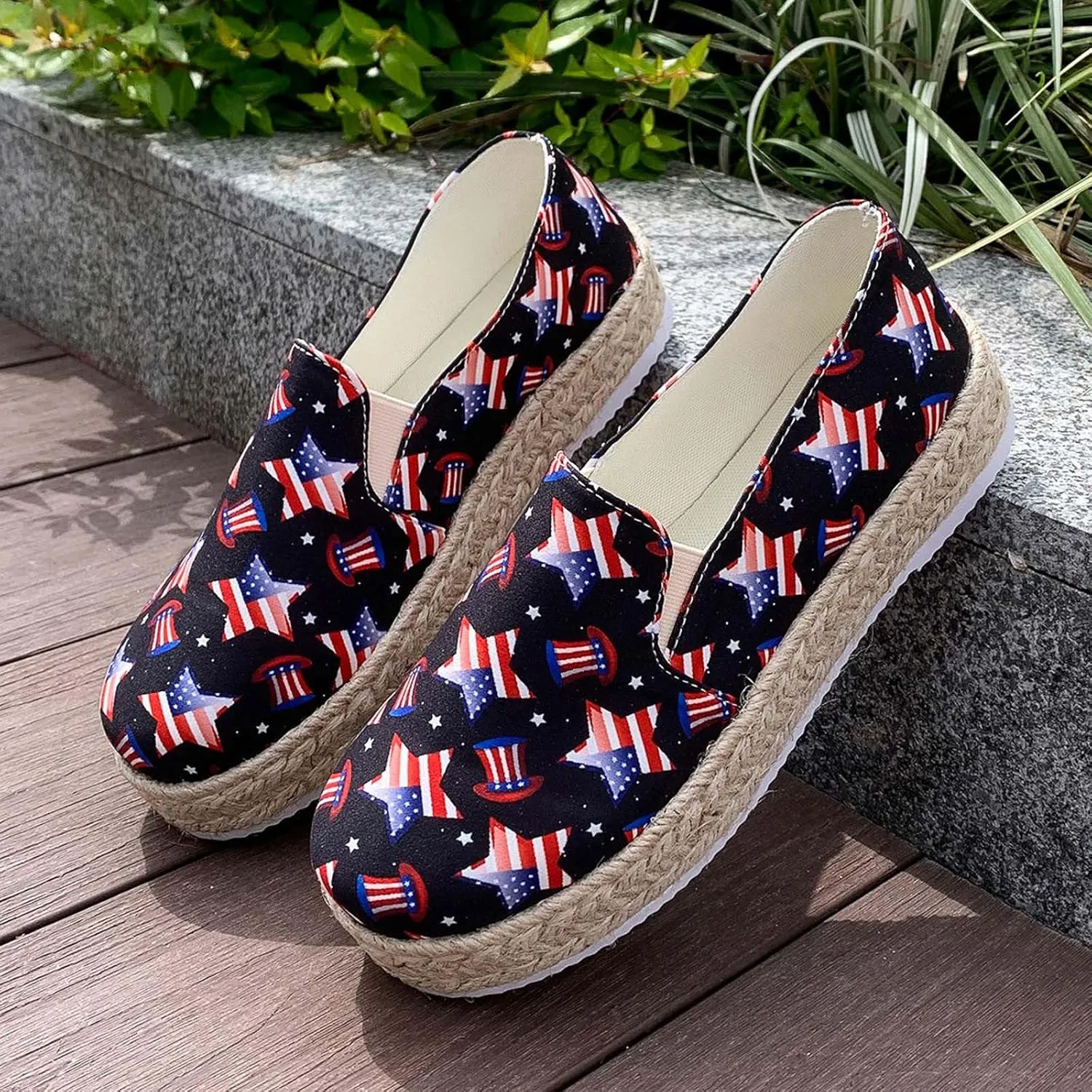Womens 4th of July Platform Sneakers Espadrilles Shoes Patriotic US Flag Print Slip on Loafers Comfy Breathable Lightweight Dressy Canvas Shoes Summer Casual Indoor Outdoor Footwear