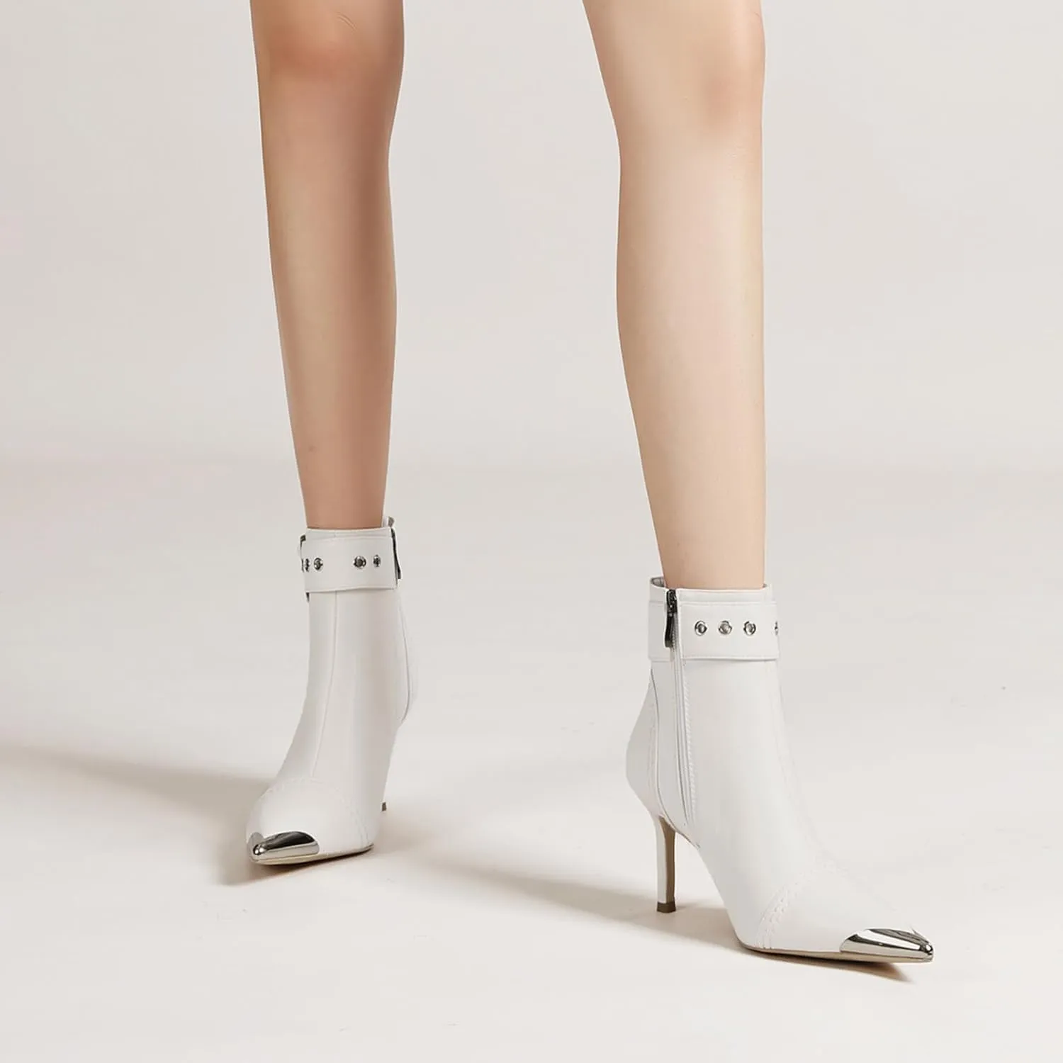 Women's Ankel Booties Metal Pointed Toe High Stilettos Heels Short Boots Belt Buckle Slide Zipper Trendey Show Dress Boots