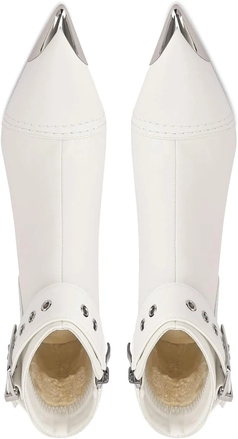 Women's Ankel Booties Metal Pointed Toe High Stilettos Heels Short Boots Belt Buckle Slide Zipper Trendey Show Dress Boots