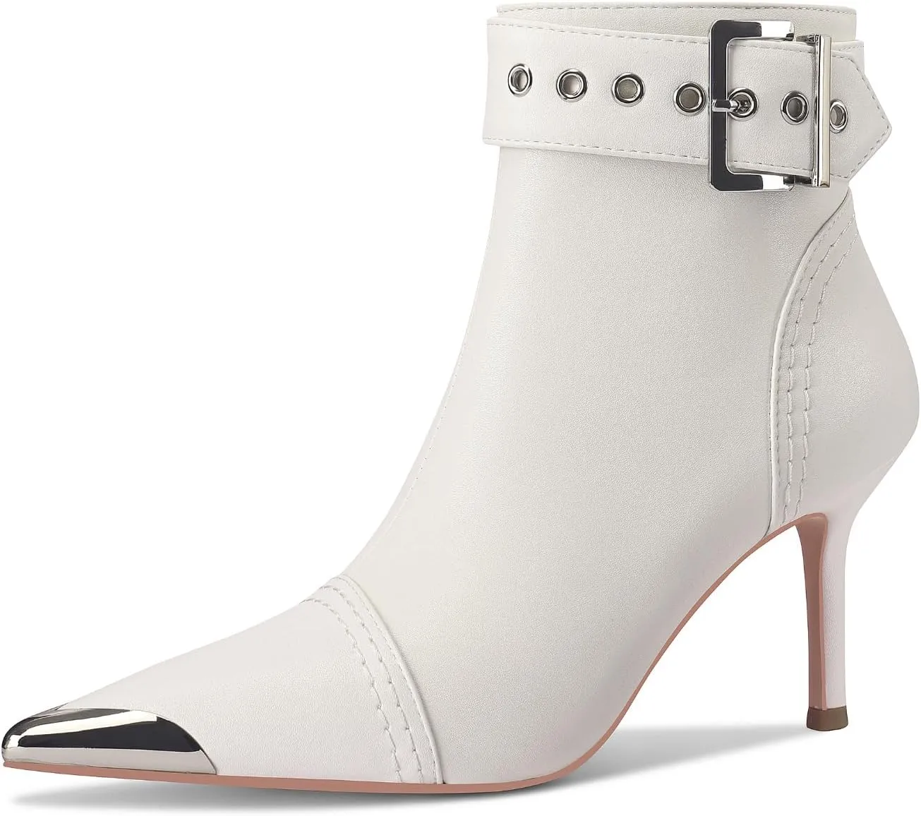 Women's Ankel Booties Metal Pointed Toe High Stilettos Heels Short Boots Belt Buckle Slide Zipper Trendey Show Dress Boots