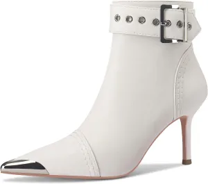 Women's Ankel Booties Metal Pointed Toe High Stilettos Heels Short Boots Belt Buckle Slide Zipper Trendey Show Dress Boots
