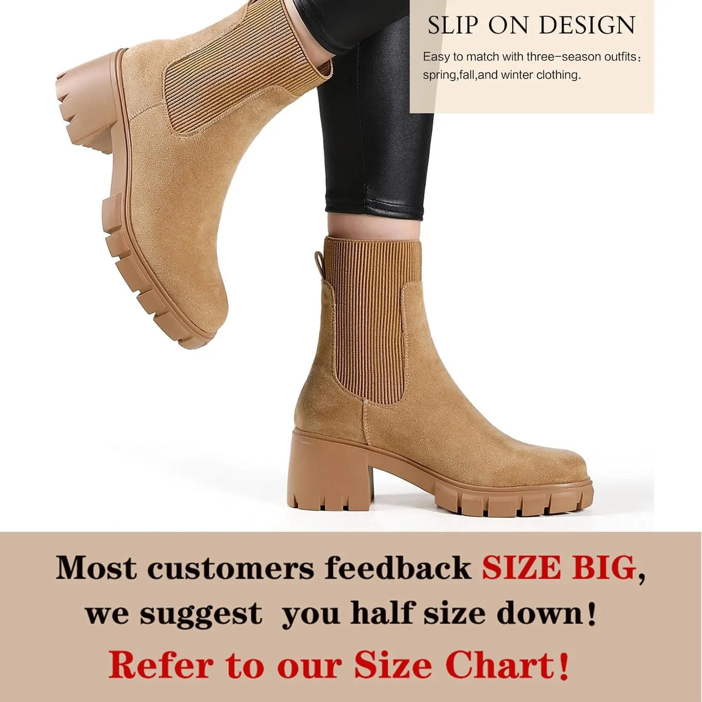 Womens Ankle Boots Lug Sole Comfortable Slip On Chelsea Booties Elastic Gore