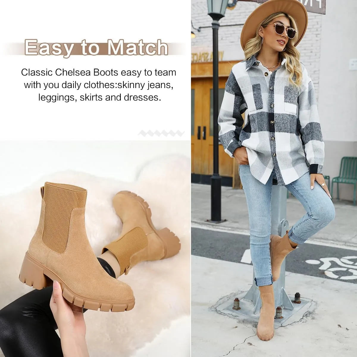 Womens Ankle Boots Lug Sole Comfortable Slip On Chelsea Booties Elastic Gore