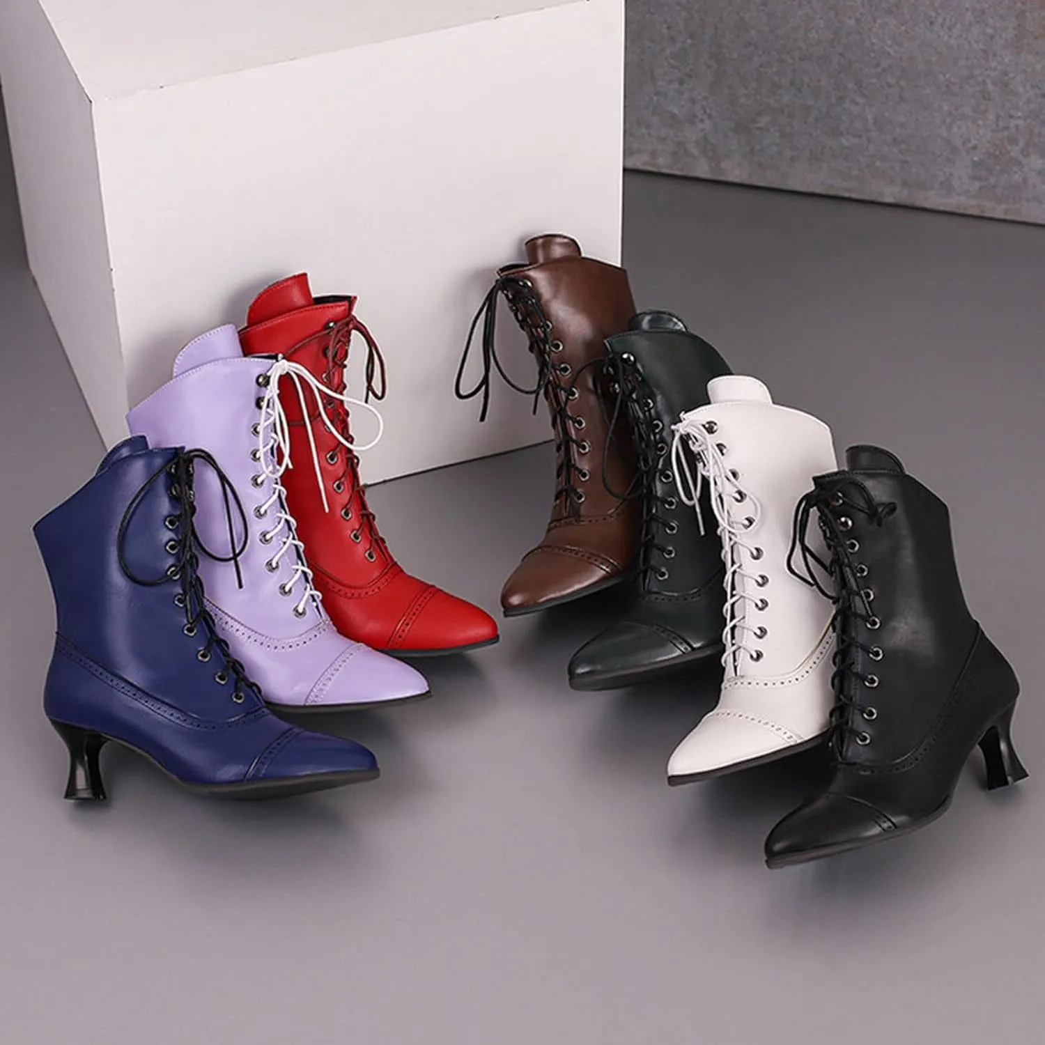 Women's Ankle Boots Victorian Boots Mid Calf Boots Pointed Toe Black Boots Kitten Heel Lace Up Witch Boots Knight Boots for Women Low Heel Dressy Short Booties Renaissance Shoes