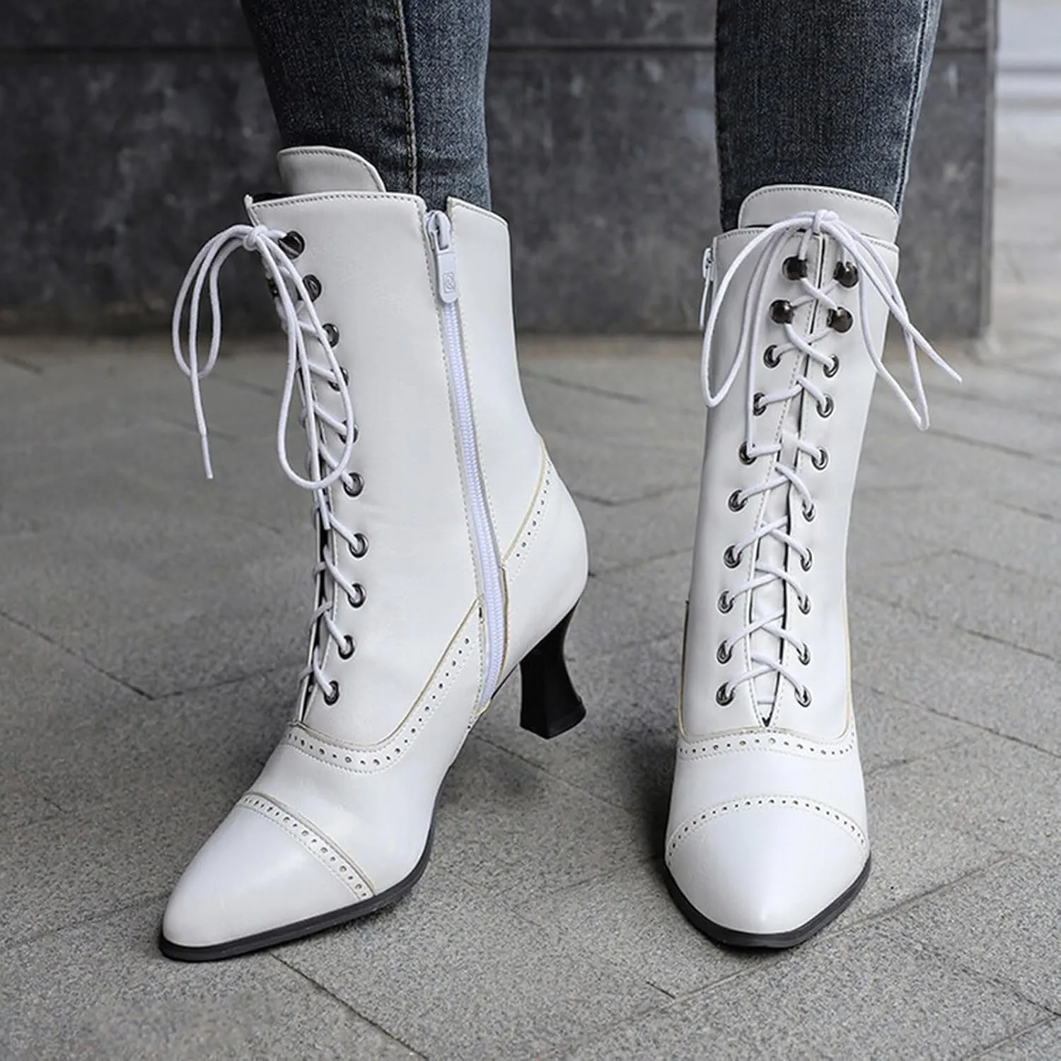 Women's Ankle Boots Victorian Boots Mid Calf Boots Pointed Toe Black Boots Kitten Heel Lace Up Witch Boots Knight Boots for Women Low Heel Dressy Short Booties Renaissance Shoes