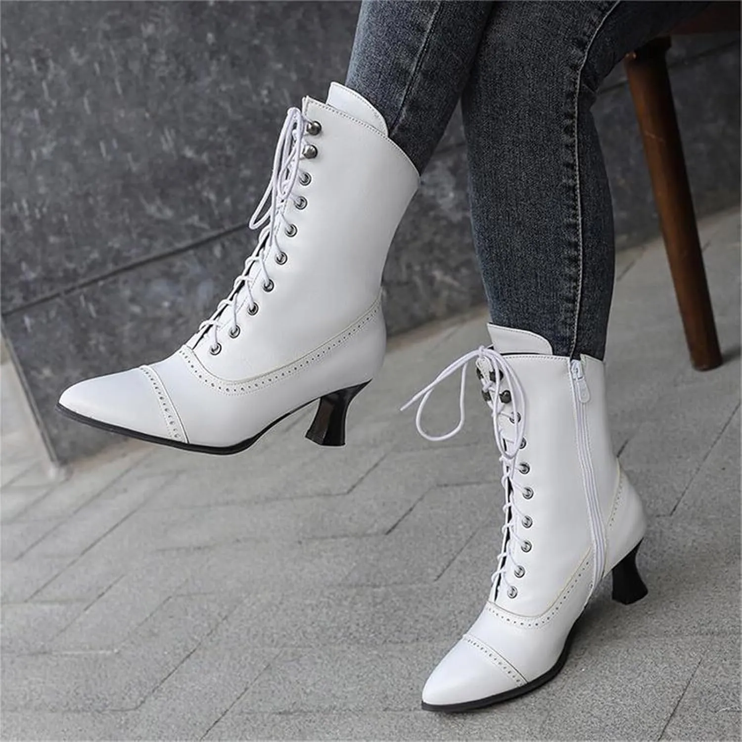Women's Ankle Boots Victorian Boots Mid Calf Boots Pointed Toe Black Boots Kitten Heel Lace Up Witch Boots Knight Boots for Women Low Heel Dressy Short Booties Renaissance Shoes