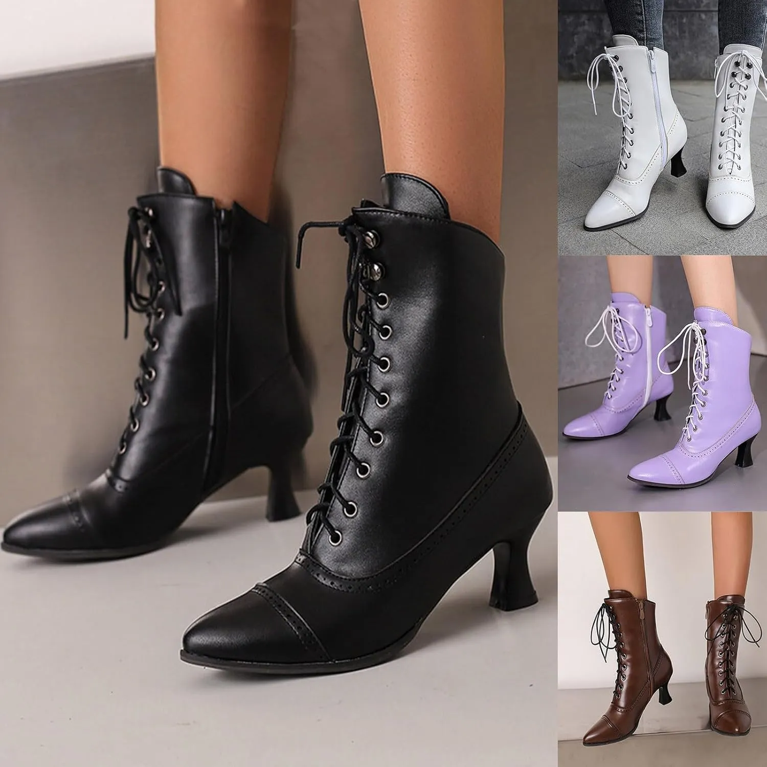 Women's Ankle Boots Victorian Boots Mid Calf Boots Pointed Toe Black Boots Kitten Heel Lace Up Witch Boots Knight Boots for Women Low Heel Dressy Short Booties Renaissance Shoes