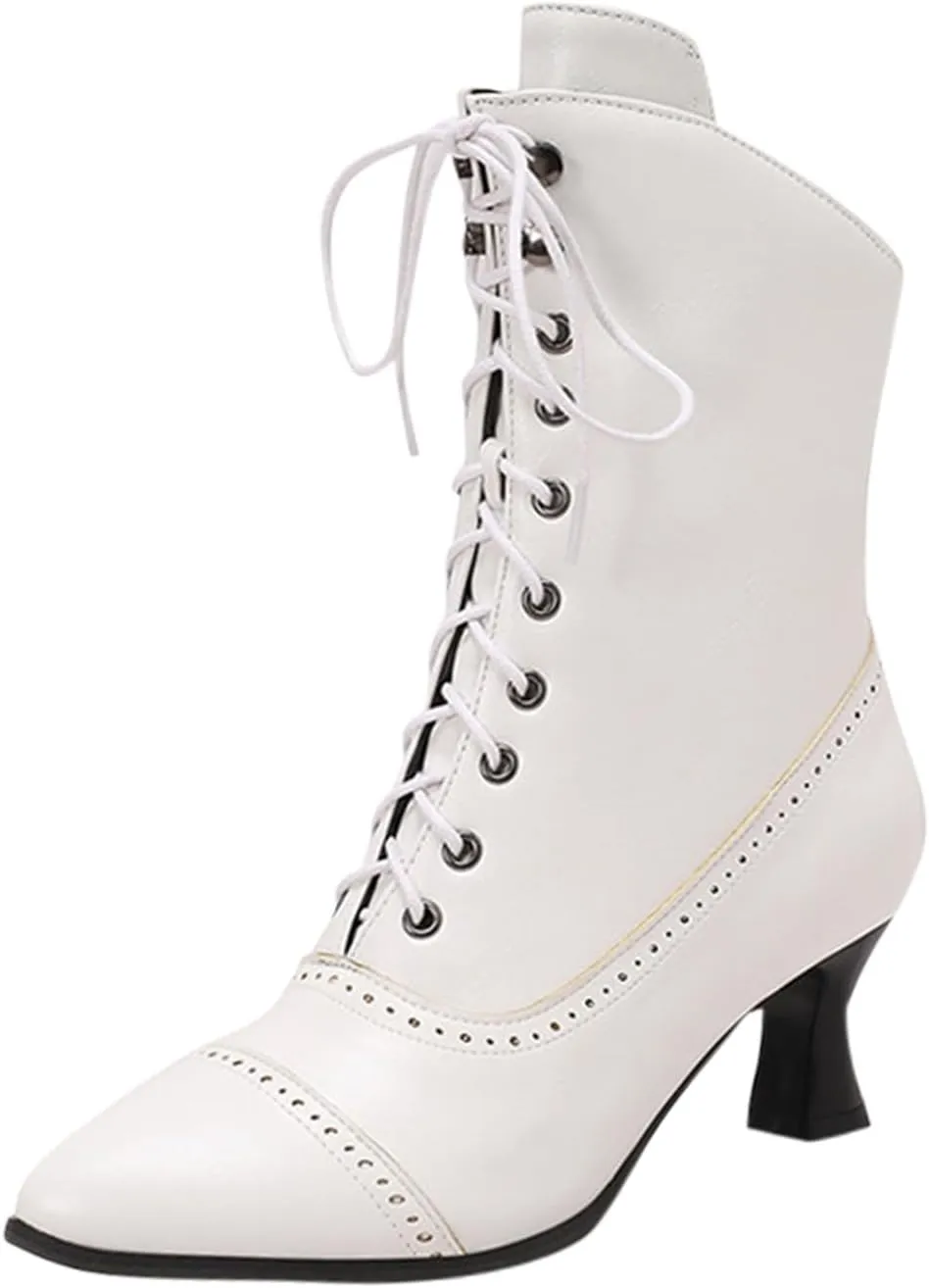 Women's Ankle Boots Victorian Boots Mid Calf Boots Pointed Toe Black Boots Kitten Heel Lace Up Witch Boots Knight Boots for Women Low Heel Dressy Short Booties Renaissance Shoes