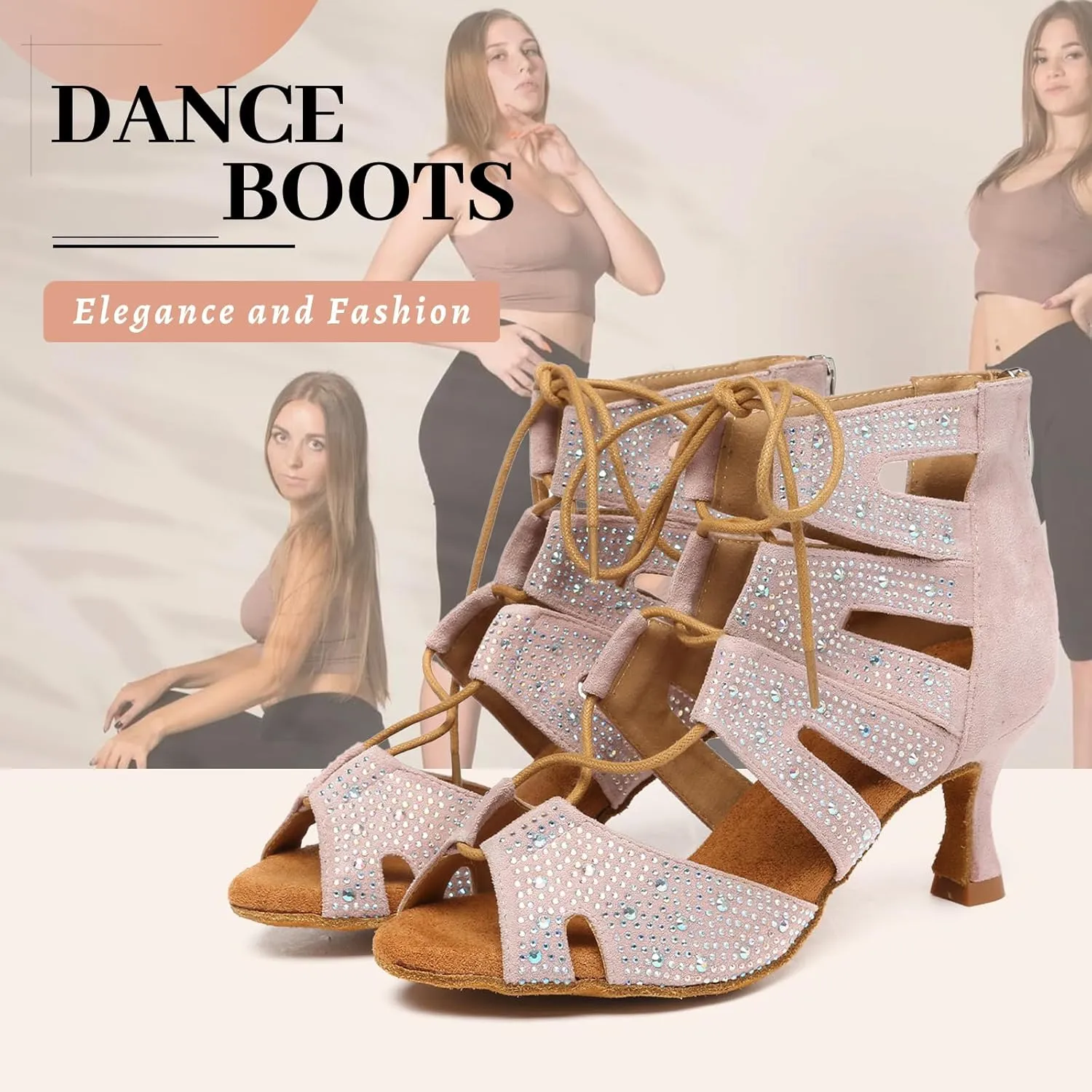 Women's Ballroom Latin Salsa Dance Shoes Lace-Up Open-Toe Dance Boots Heels,YCL570