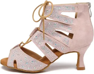 Women's Ballroom Latin Salsa Dance Shoes Lace-Up Open-Toe Dance Boots Heels,YCL570