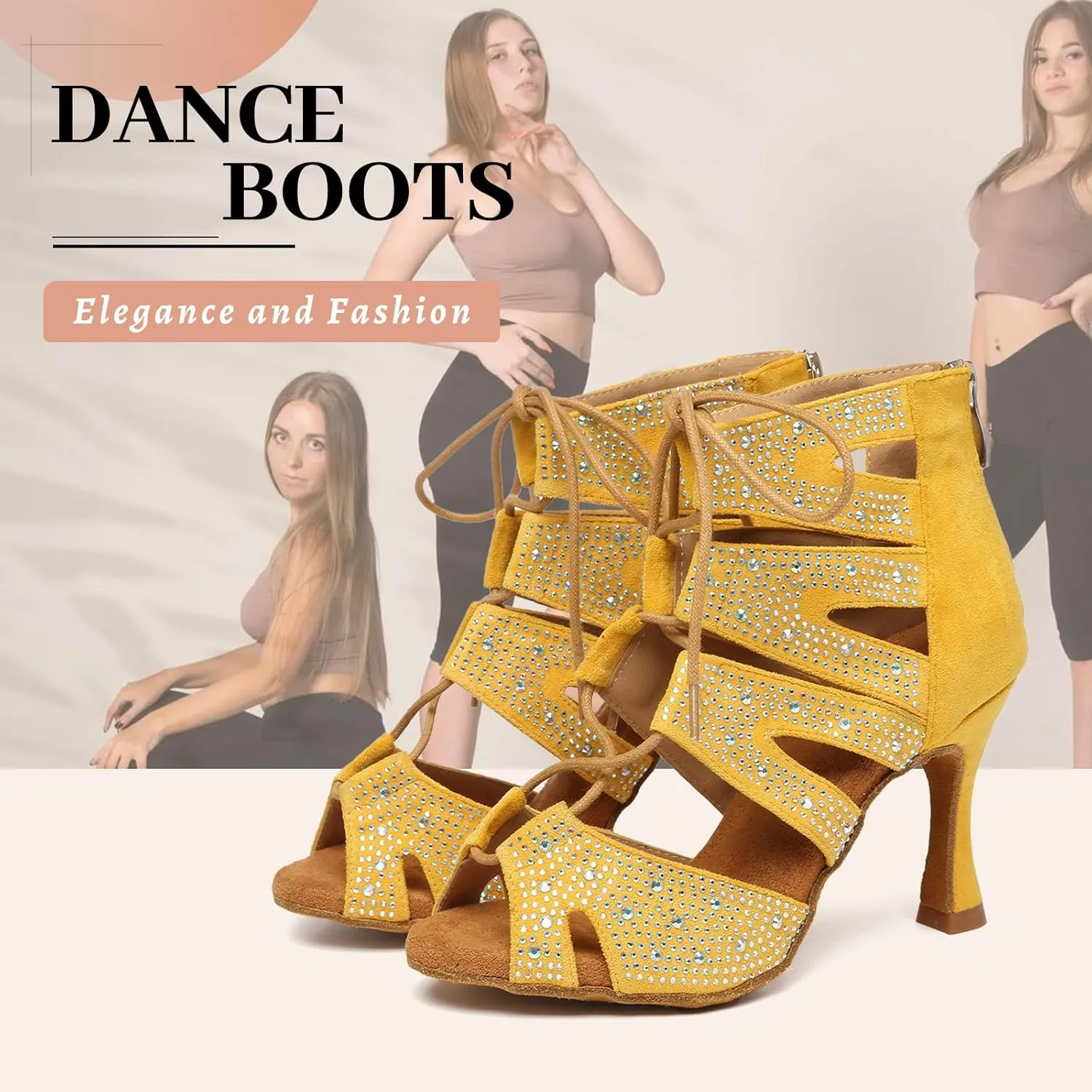 Women's Ballroom Latin Salsa Dance Shoes Lace-Up Open-Toe Dance Boots Heels,YCL570