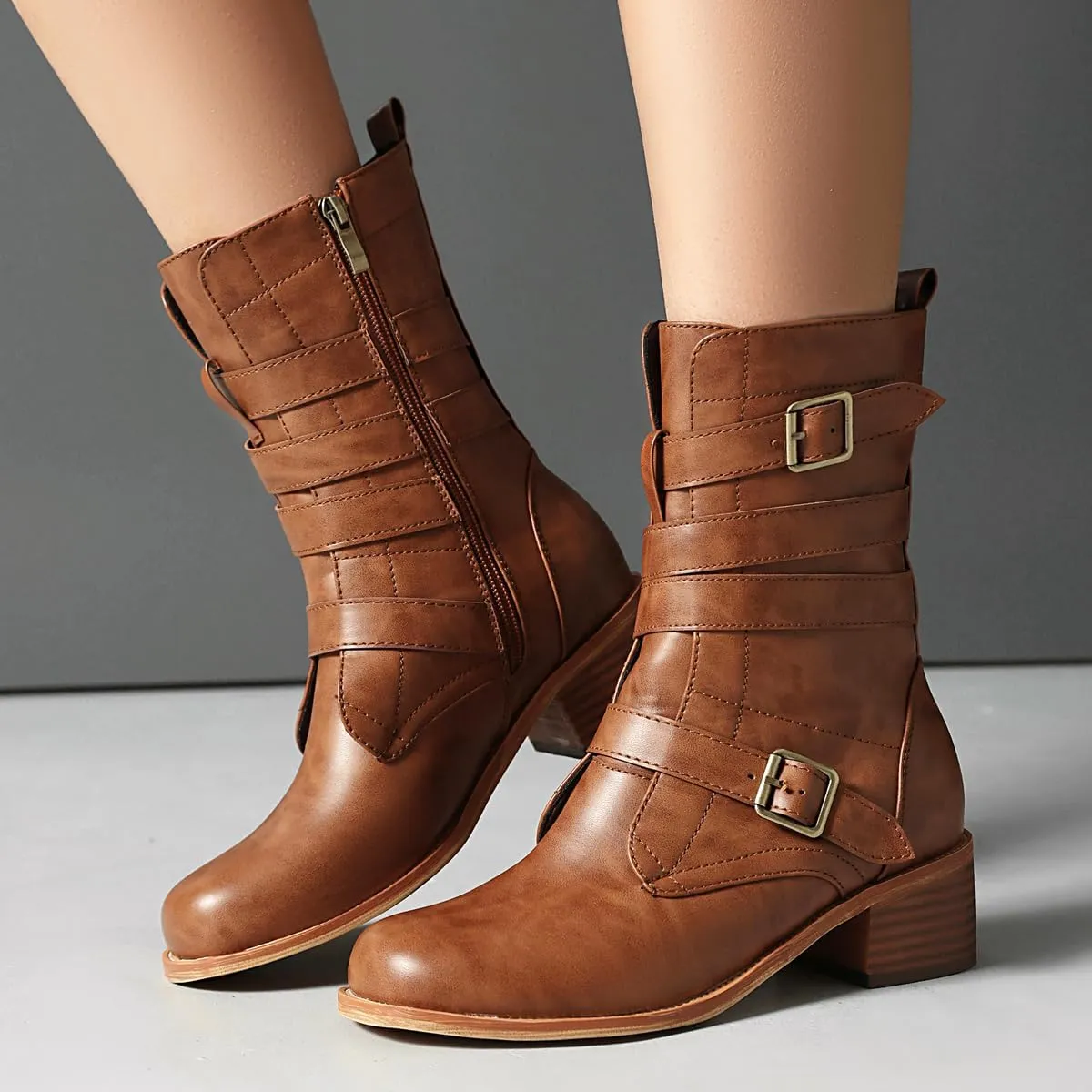 Women's Belt Buckle Mid Calf Boot,Retro Square Toe Chunky Heel Ankle High Shaft Boots,Women's Motorcycle Boots with Side Zipper Buckle Wrap Up Riding Boots.