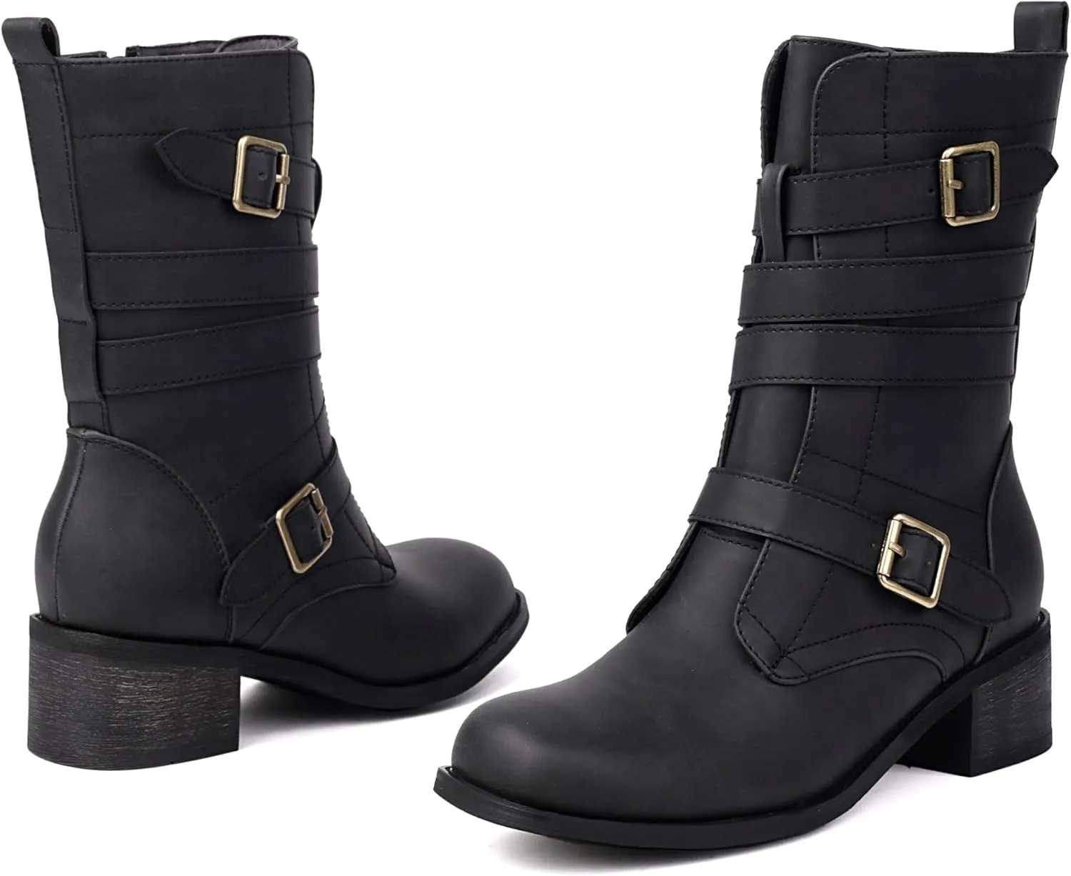 Women's Belt Buckle Mid Calf Boot,Retro Square Toe Chunky Heel Ankle High Shaft Boots,Women's Motorcycle Boots with Side Zipper Buckle Wrap Up Riding Boots.