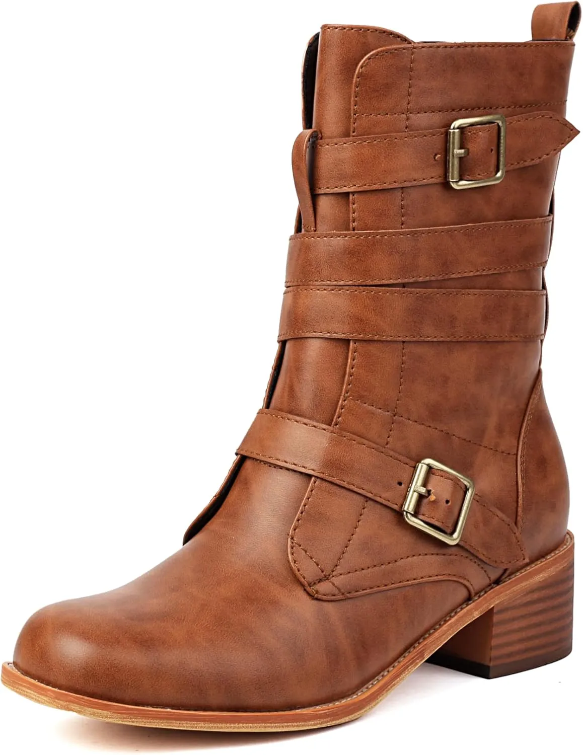 Women's Belt Buckle Mid Calf Boot,Retro Square Toe Chunky Heel Ankle High Shaft Boots,Women's Motorcycle Boots with Side Zipper Buckle Wrap Up Riding Boots.