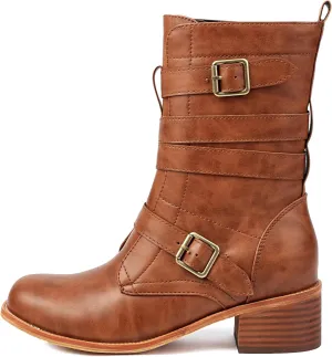 Women's Belt Buckle Mid Calf Boot,Retro Square Toe Chunky Heel Ankle High Shaft Boots,Women's Motorcycle Boots with Side Zipper Buckle Wrap Up Riding Boots.