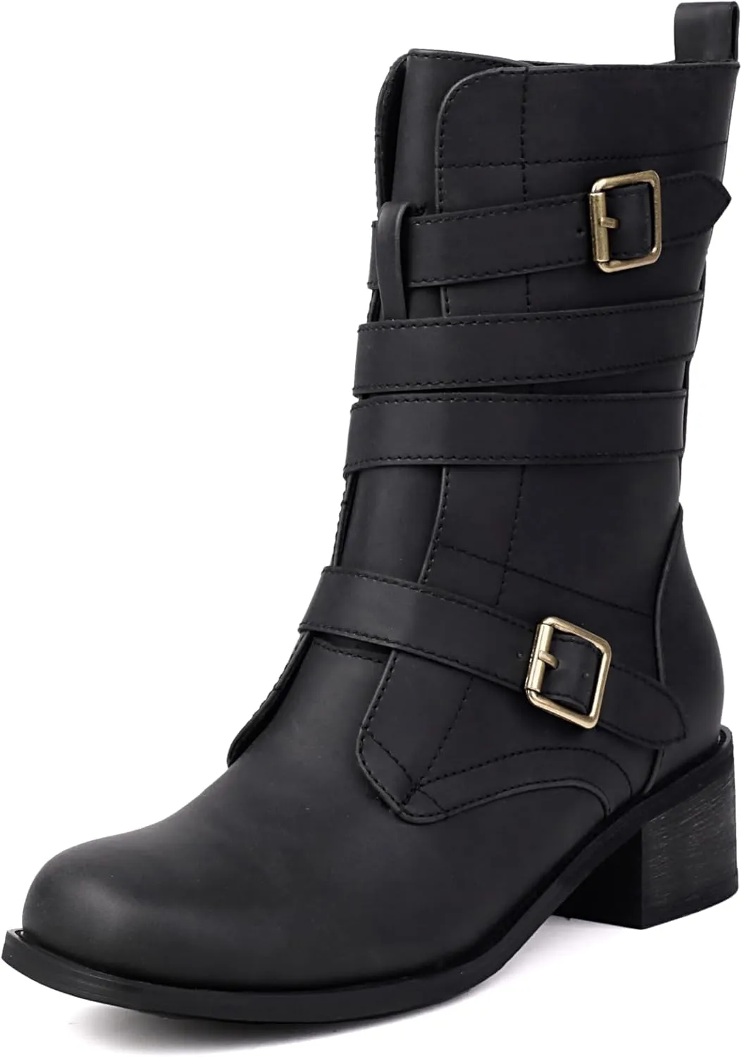 Women's Belt Buckle Mid Calf Boot,Retro Square Toe Chunky Heel Ankle High Shaft Boots,Women's Motorcycle Boots with Side Zipper Buckle Wrap Up Riding Boots.