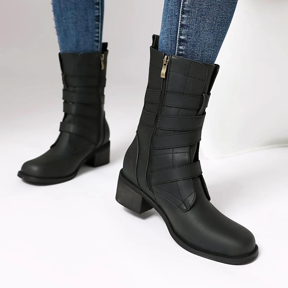 Women's Belt Buckle Mid Calf Boot,Retro Square Toe Chunky Heel Ankle High Shaft Boots,Women's Motorcycle Boots with Side Zipper Buckle Wrap Up Riding Boots.