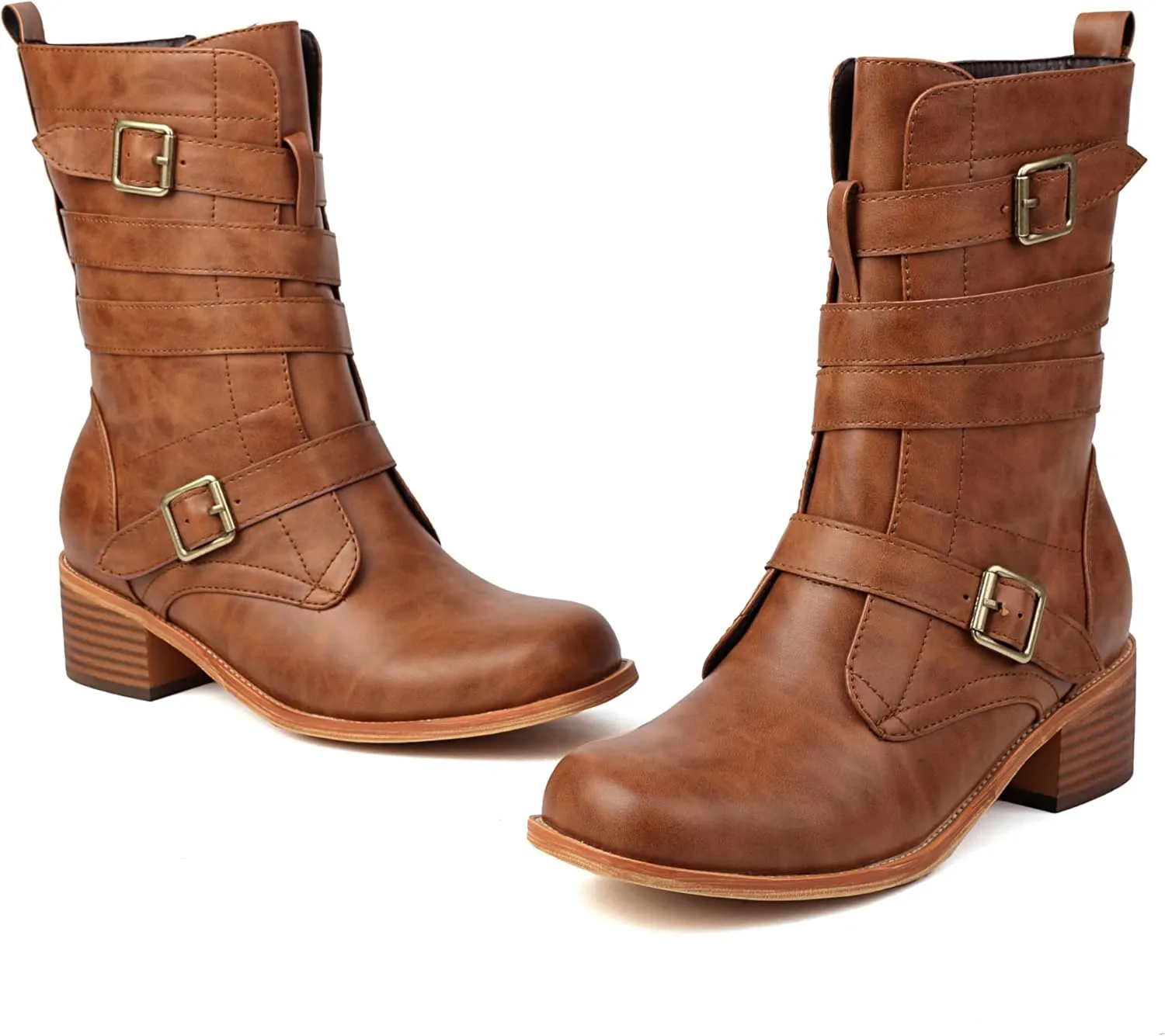 Women's Belt Buckle Mid Calf Boot,Retro Square Toe Chunky Heel Ankle High Shaft Boots,Women's Motorcycle Boots with Side Zipper Buckle Wrap Up Riding Boots.