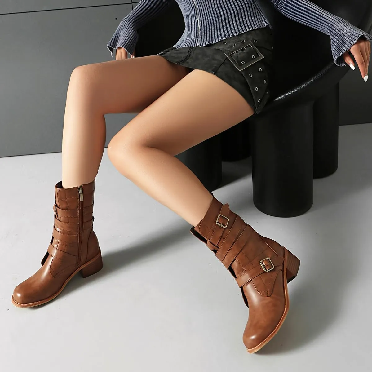 Women's Belt Buckle Mid Calf Boot,Retro Square Toe Chunky Heel Ankle High Shaft Boots,Women's Motorcycle Boots with Side Zipper Buckle Wrap Up Riding Boots.